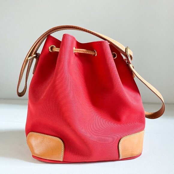 LAncel France Red Nylon Vachetta Leather Trim Drawstring Bucket Bag - Picture 6 of 9